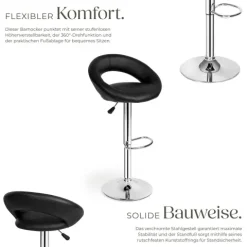 2er Set Barhocker tectake Christian Sitzhöhe 63 - 83 cm gepolstert mit Rückenlehne schwarz