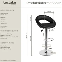 2er Set Barhocker tectake Christian Sitzhöhe 63 - 83 cm gepolstert mit Rückenlehne schwarz