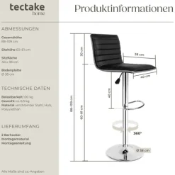 2er Set Barhocker tectake Johannes Sitzhöhe 60 - 81 cm gepolstert mit Rückenlehne schwarz
