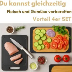 4er Set Schneidebrett Kunststoff und Bambus 2in1 Schneidbrett mit Anti-Rutsch Schneidebretter Küchenbrett Bambus Schneidebrett Schwarz Rutschfest mit Griffloch