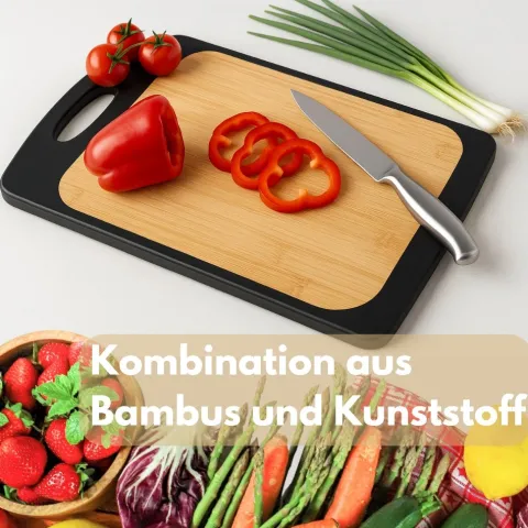 4er Set Schneidebrett Kunststoff und Bambus 2in1 Schneidbrett mit Anti-Rutsch Schneidebretter Küchenbrett Bambus Schneidebrett Schwarz Rutschfest mit Griffloch