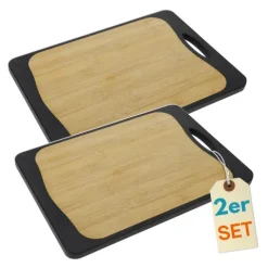 2er Set Schneidebrett Kunststoff und Bambus 2in1 Schneidbrett mit Anti-Rutsch Schneidebretter Küchenbrett Bambus Schneidebrett Schwarz Rutschfest mit Griffloch