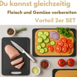 2er Set Schneidebrett Kunststoff und Bambus 2in1 Schneidbrett mit Anti-Rutsch Schneidebretter Küchenbrett Bambus Schneidebrett Schwarz Rutschfest mit Griffloch