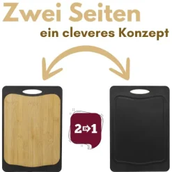 2er Set Schneidebrett Kunststoff und Bambus 2in1 Schneidbrett mit Anti-Rutsch Schneidebretter Küchenbrett Bambus Schneidebrett Schwarz Rutschfest mit Griffloch