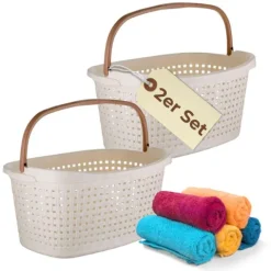 2er Set Wäschekorb mit Henkel 40 L Wäschewanne Wäschebox Wanne Wäschesammler Wäschekorb Plastik geflochten Design
