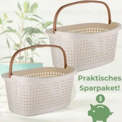 2er Set Wäschekorb mit Henkel 40 L Wäschewanne Wäschebox Wanne Wäschesammler Wäschekorb Plastik geflochten Design