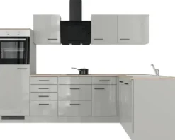 Flex Well Winkelküche mit Geräten Lund 280 cm lichtgrau glänzend zerlegt Variante reversibel