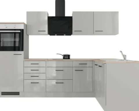 Flex Well Winkelküche mit Geräten Lund 280 cm lichtgrau glänzend zerlegt Variante reversibel