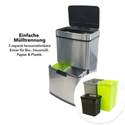 FLOORDIREKT Mülleimer Dirk - Abfalleimer aus rostfreiem Edelstahl - Mit Bewegungssensor für hygienisches Öffnen - 62 Liter