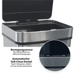 FLOORDIREKT Mülleimer Dirk - Abfalleimer aus rostfreiem Edelstahl - Mit Bewegungssensor für hygienisches Öffnen - 62 Liter
