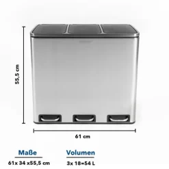FLOORDIREKT Mülleimer Felix - aus Edelstahl - Trennsystem - mit Schließdämpfer - 3 x 18 Liter - Edelstahl