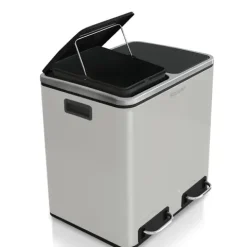FLOORDIREKT Mülleimer Felix - aus Edelstahl - Trennsystem - mit Schließdämpfer - 2 x 15 Liter - Weiß