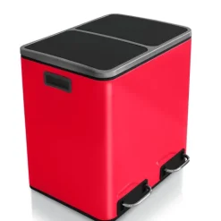 FLOORDIREKT Mülleimer Felix - aus Edelstahl - Trennsystem - mit Schließdämpfer - 2 x 15 Liter - Rot