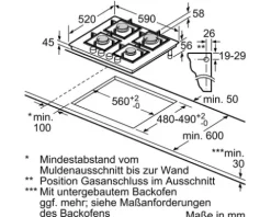 Gaskochfeld mit Glaskeramik Bosch 59 x 52 cm 4 Gas-Brenner PRP6A6H40