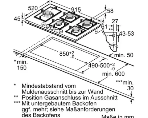 Gaskochfeld mit Glaskeramik Bosch 91,5 x 52 cm 5 Gasbrenner PRS9A6H40