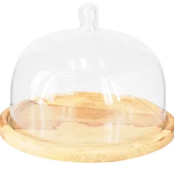 Glasglocke Holzteller Deko Käseglocke Ø22cm H16,5cm Tischdeko