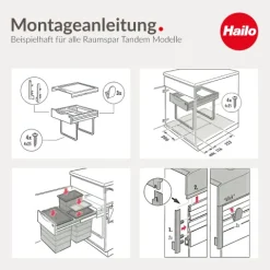 HAILO 3641521 Raumspar Tandem Einbau-Abfallsammler 36 L Metall/Kunststoff dunkelgrau Drehtürschrank