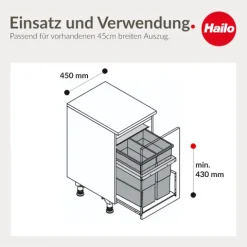 Hailo Abfallsammler 10000222 Einbau-Abfalleinsatz 36 l Kunststoff/Metall dunkelgrau für 45 cm Schubkasten