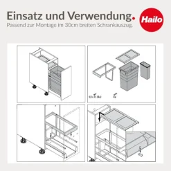 Hailo Abfallsammler 3669101 Inset Tandem 38+7 Liter dunkelgrau Kunststoff Metall