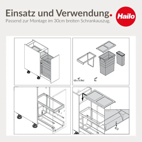 Hailo Abfallsammler 3669101 Inset Tandem 38+7 Liter dunkelgrau Kunststoff Metall