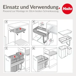Hailo Abfallsammler 3614301 Inset Tandem 38+7 Liter hellgrau Kunststoff Metall