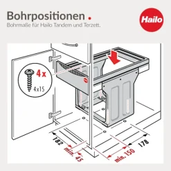 Hailo Abfallsammler 30 Liter Tandem 3666821 Mülltrennsystem Kunststoff grau Küchenschrank Drehtür Biodeckel