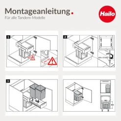 Hailo Abfallsammler 30 Liter Tandem 3666821 Mülltrennsystem Kunststoff grau Küchenschrank Drehtür Biodeckel