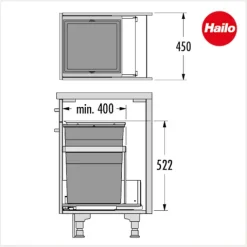 Hailo Abfallsammler 10000221 Triple XL Einbau-Abfalleinsatz 55 L Kunststoff/Metall dunkelgrau für 45 cm Schubkasten