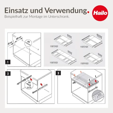 Hailo Multideckel 1109758 Tablarboden Kunststoff/Stahl Grau für 90 cm Unterschrank