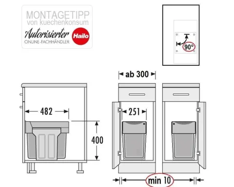 Hailo Abfallsammler 3666108 TA Swing Tandem 2 x 15 L Vollauszug Kunststoff Metall für 30 cm Schrank