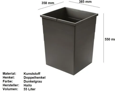 Hailo Inneneimer 1139029 55 L dunkelgrau Kunststoff Doppelhenkel Abfallsystem Ersatz