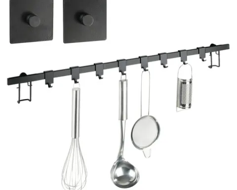Hakenleiste Wenko Turbo-Loc Gala schwarz 60 cm mit Adapter und 8 Haken