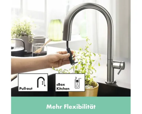hansgrohe Küchenarmatur mit Filterfunktion AQITTURA M91 edelstahl gebürstet mit Schlauchbox und Filterkopf 76826800