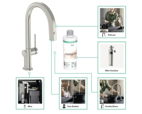 hansgrohe Küchenarmatur mit Filterfunktion AQITTURA M91 edelstahl gebürstet mit Schlauchbox und Filterkopf 76826800