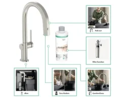 hansgrohe Küchenarmatur mit Filterfunktion AQITTURA M91 edelstahl gebürstet mit Schlauchbox, Filterkopf und Mineralisierungskartusche Harmony mit Filter 76800800
