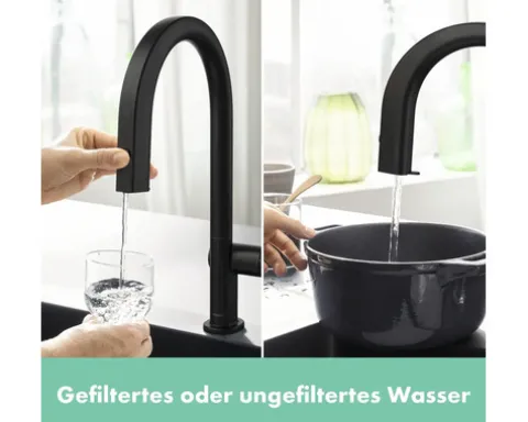 hansgrohe Küchenarmatur mit Filterfunktion AQITTURA M91 schwarz matt mit Schlauchbox und Filterkopf 76826670