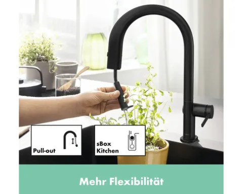 hansgrohe Küchenarmatur mit Filterfunktion AQITTURA M91 schwarz matt mit Schlauchbox und Filterkopf 76826670