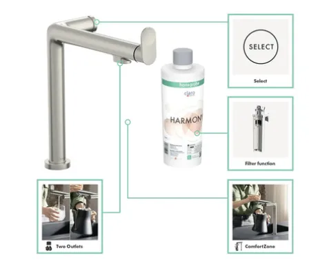 hansgrohe Küchenarmatur mit Filterfunktion AQITTURA M91 FilterSystem 240 edelstahl gebürstet mit Filterkopf, Mineralisierungskartusche Harmony mit Filter 76802800