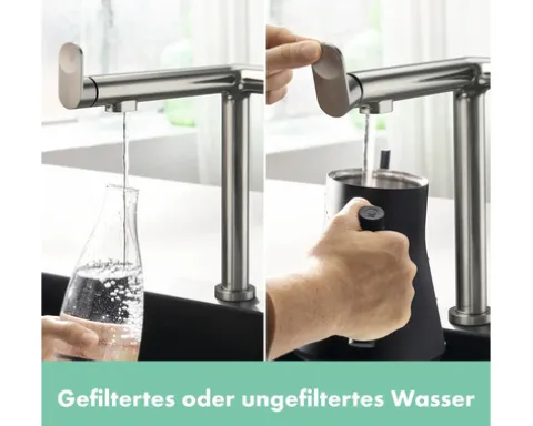 hansgrohe Küchenarmatur mit Filterfunktion AQITTURA M91 FilterSystem 240 edelstahl gebürstet mit Filterkopf, Mineralisierungskartusche Harmony mit Filter 76802800