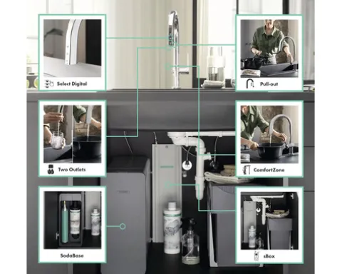 hansgrohe Küchenarmatur mit Filterfunktion SodaSystem AQITTURA M91 chrom mit Schlauchbox, Filterkopf, Mineralisierungskartusche Harmony mit Filter, CO2 Flasche und SodaBase 76806000
