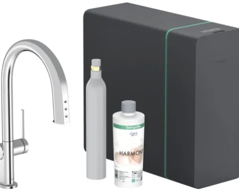 hansgrohe Küchenarmatur mit Filterfunktion SodaSystem AQITTURA M91 chrom mit Schlauchbox, Filterkopf, Mineralisierungskartusche Harmony mit Filter, CO2 Flasche und SodaBase 76806000