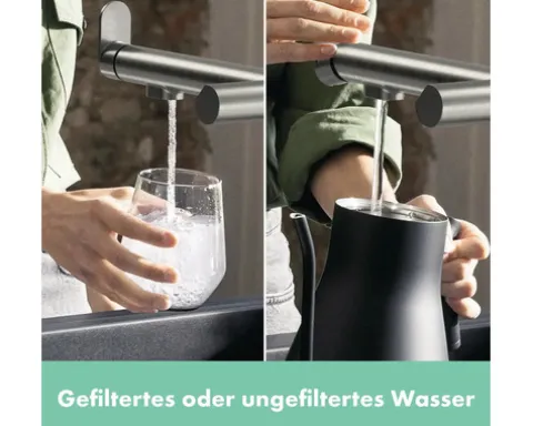hansgrohe Küchenarmatur mit Filter- und Sprudelfunktion AQITTURA M91 SodaSystem 240 edelstahl gebürstet mit Filterkopf, Mineralisierungskartusche Harmony mit Filter, CO2 Flasche und SodaBase ComfortZone 76810800