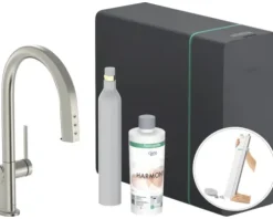 hansgrohe Küchenarmatur mit Filterfunktion SodaSystem AQITTURA M91 edelstahl gebürstet mit Schlauchbox, Filterkopf, Mineralisierungskartusche Harmony mit Filter, CO2 Flasche und SodaBase76806800