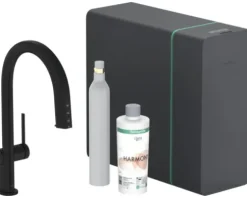 hansgrohe Küchenarmatur mit Filterfunktion SodaSystem AQITTURA M91 schwarz matt mit Schlauchbox lite, Filterkopf, Mineralisierungskartusche Harmony mit Filter, CO2 Flasche und SodaBase 76839670