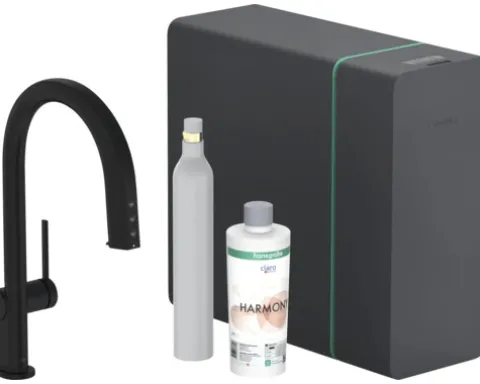 hansgrohe Küchenarmatur mit Filterfunktion SodaSystem AQITTURA M91 schwarz matt mit Schlauchbox lite, Filterkopf, Mineralisierungskartusche Harmony mit Filter, CO2 Flasche und SodaBase 76839670
