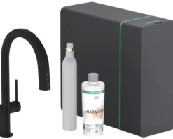 hansgrohe Küchenarmatur mit Filterfunktion SodaSystem AQITTURA M91 schwarz matt mit Schlauchbox, Filterkopf, Mineralisierungskartusche Harmony mit Filter, CO2 Flasche und SodaBase76806670