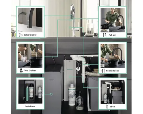 hansgrohe Küchenarmatur mit Filterfunktion SodaSystem AQITTURA M91 schwarz matt mit Schlauchbox, Filterkopf, Mineralisierungskartusche Harmony mit Filter, CO2 Flasche und SodaBase76806670
