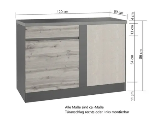 Held Möbel Eckunterschrank PISA BxTxH 120 x 60 x 86 cm wildeiche matt zerlegt Anschlag reversibel 473.2.6310