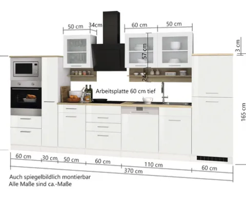 Held Möbel Küchenzeile mit Geräten Mailand 370 cm weiß hochglanz zerlegt 590.1.6210
