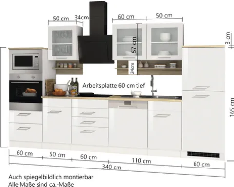 Held Möbel Küchenzeile mit Geräten Mailand 340 cm grau hochglanz zerlegt 588.1.6211